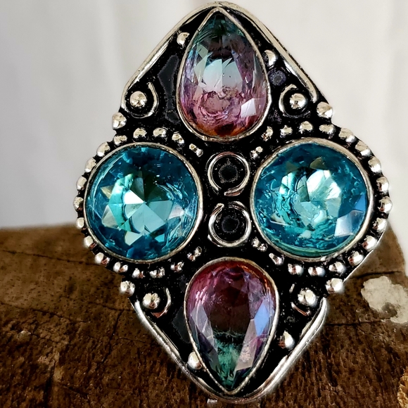 New Blue Topaz & Bi-Color Tourmaline 925 Silver Ring. - Picture 3 of 8